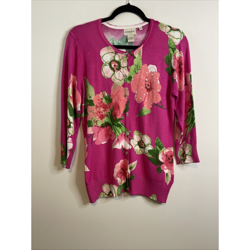 Aubergene Large Pink‎ Floral Cardigan Sweater Beaded Rhinestone Open Front